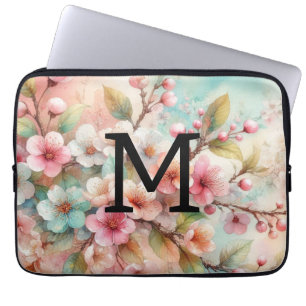 Floral watercolor monogram pink cherry blossoms laptop sleeve
