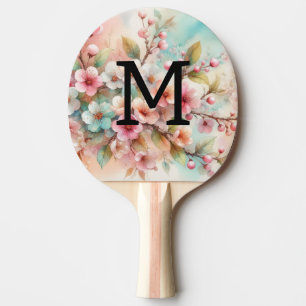 Floral watercolor monogram pink cherry blossoms ping pong paddle