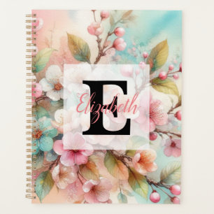 Floral watercolor monogram pink cherry blossoms planner