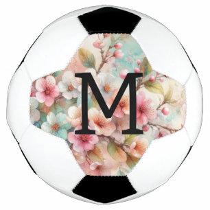 Floral watercolor monogram pink cherry blossoms soccer ball