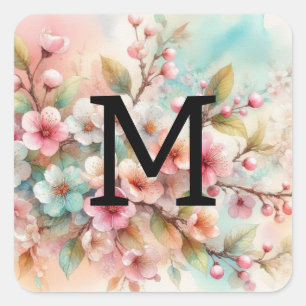 Floral watercolor monogram pink cherry blossoms square sticker