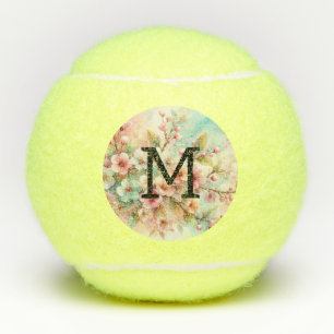 Floral watercolor monogram pink cherry blossoms  tennis balls