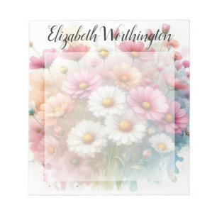 Floral watercolor monogram pink daisies flowers notepad