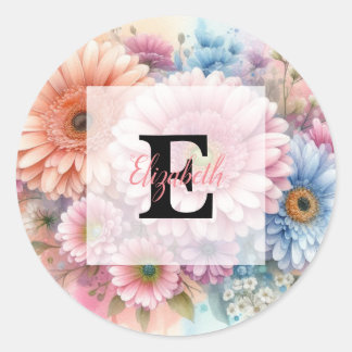 Floral watercolor monogram pink gerbera daisies  classic round sticker
