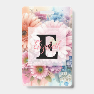 Floral watercolor monogram pink gerbera daisies  ID badge