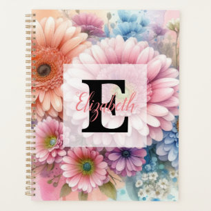 Floral watercolor monogram pink gerbera daisies planner