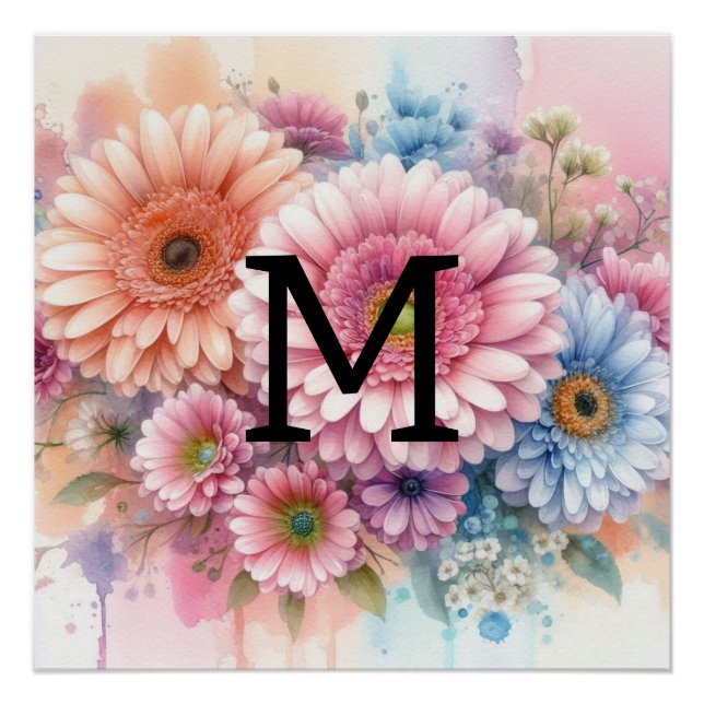 Floral watercolor monogram pink gerbera daisies  poster (Front)