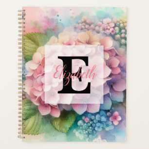 Floral watercolor monogram pink hydrangea planner