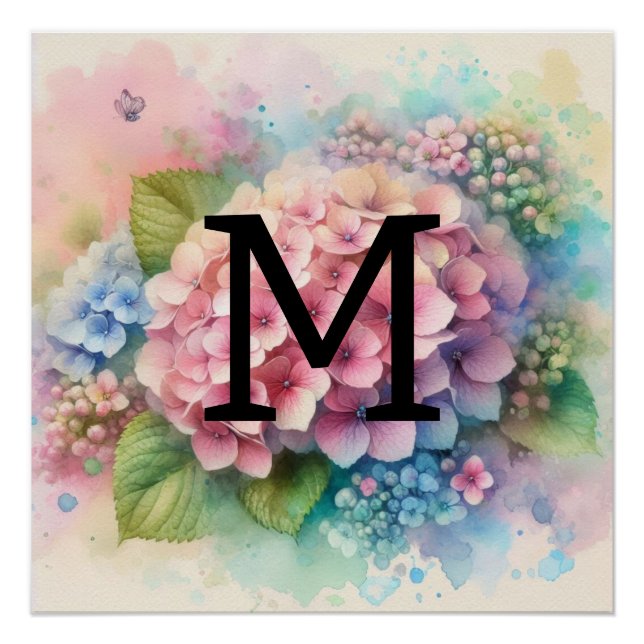 Floral watercolor monogram pink hydrangea  poster (Front)