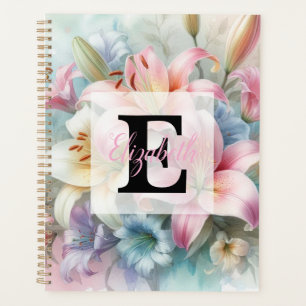 Floral watercolor monogram pink lilies flowers planner