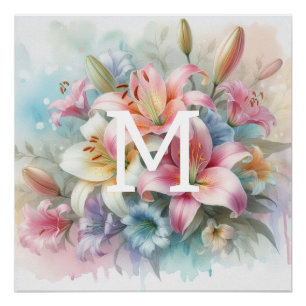 Floral watercolor monogram pink lilies flowers poster