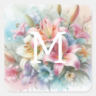Floral watercolor monogram pink lilies flowers  square sticker