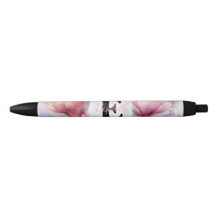Floral watercolor monogram pink magnolia flowers black ink pen