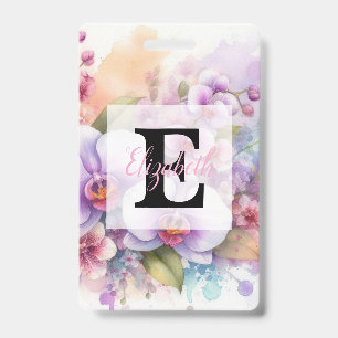 Floral watercolor monogram pink orchid flowers ID badge