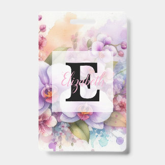 Floral watercolor monogram pink orchid flowers  ID badge