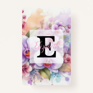 Floral watercolor monogram pink orchid flowers  ID badge