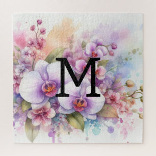 Floral watercolor monogram pink orchid flowers  jigsaw puzzle