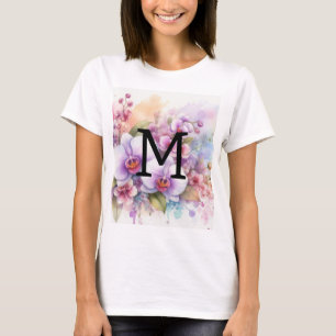 Floral watercolor monogram pink orchid flowers T-Shirt