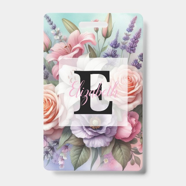 Floral watercolor monogram pink purple flowers  ID badge (Front)