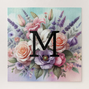 Floral watercolor monogram pink purple flowers  jigsaw puzzle