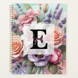 Floral watercolor monogram pink purple flowers  planner
