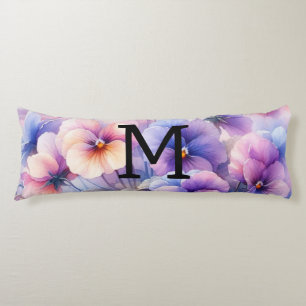 Floral watercolor monogram pink purple pansies body cushion