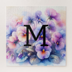 Floral watercolor monogram pink purple pansies  jigsaw puzzle
