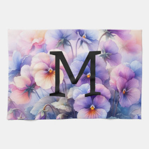 Floral watercolor monogram pink purple pansies  tea towel