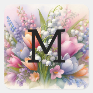 Floral watercolor monogram pink purple tulips square sticker