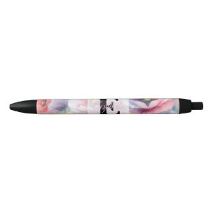 Floral watercolor monogram pink red poppy flowers  black ink pen