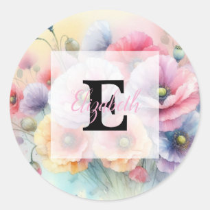 Floral watercolor monogram pink red poppy flowers classic round sticker