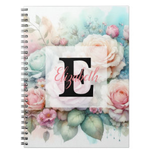 Floral watercolor monogram pink roses flowers notebook