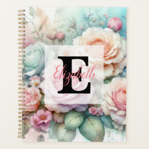 Floral watercolor monogram pink roses flowers planner