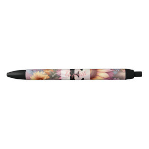 Floral watercolor monogram pink yellow sunflower black ink pen