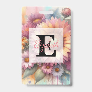 Floral watercolor monogram pink yellow sunflower ID badge