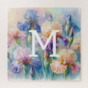 Floral watercolor monogram purple iris flowers jigsaw puzzle