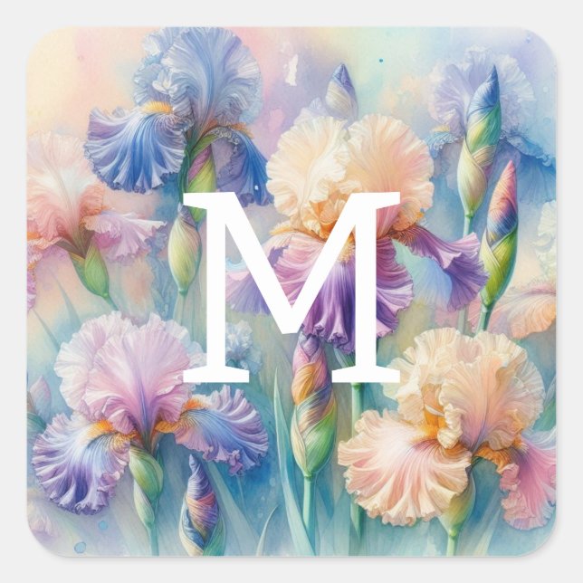 Floral watercolor monogram purple iris flowers square sticker (Front)