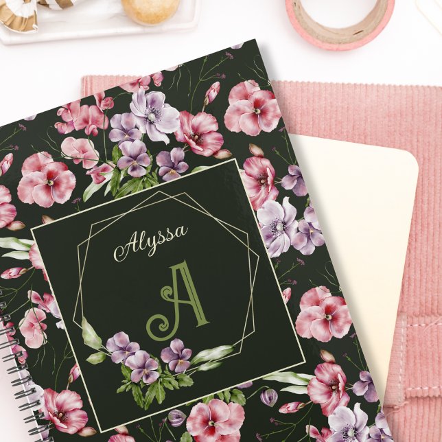 Floral Watercolor Monogrammed Name Elegant Black Planner (Creator Uploaded)