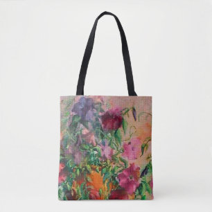 Floral Watercolor Needlepoint Look Tote Bag