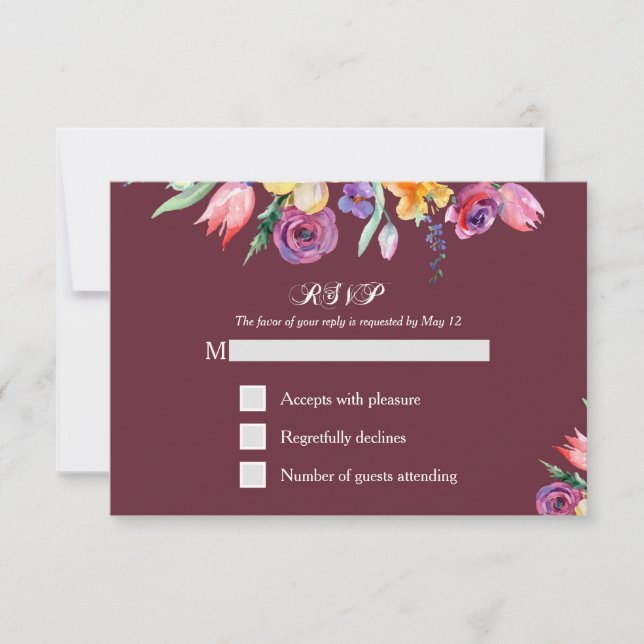 Floral Watercolor on Burgundy RSVP and Menu (Front)