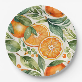 Floral Watercolor Orange Citrus Botanical Pattern Paper Plate