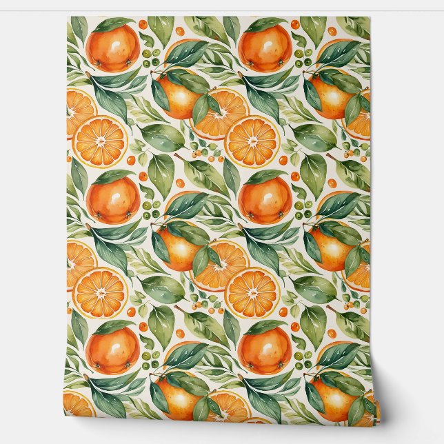 Floral Watercolor Orange Citrus Botanical Pattern Wallpaper (Unrolling)