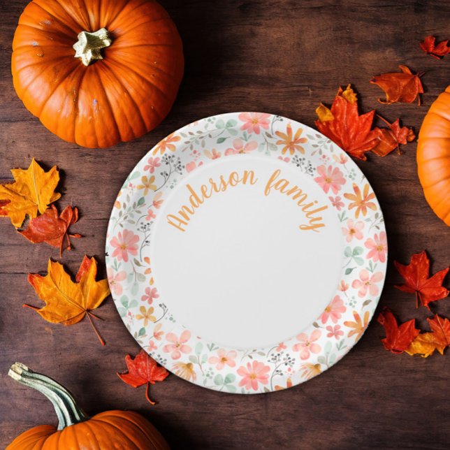 Floral watercolor orange name thanksgiving paper plate (Creator Uploaded)