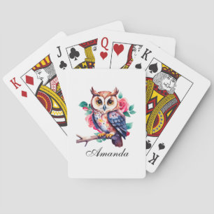 Floral Watercolor Owl and Roses Playing Cards