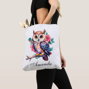 Floral Watercolor Owl and Roses Tote Bag