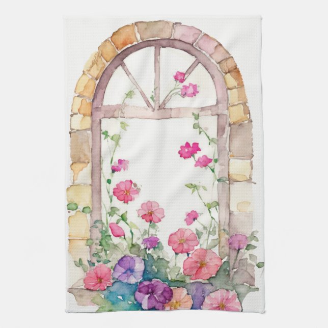 Floral Watercolor Painted Arch Tea Towel (Vertical)