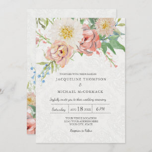 Floral Watercolor Pastel Pink Lace Elegant Flowers Invitation