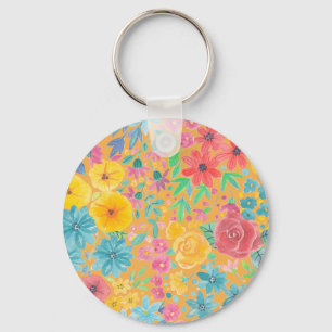 Floral watercolor pattern in yellow key ring