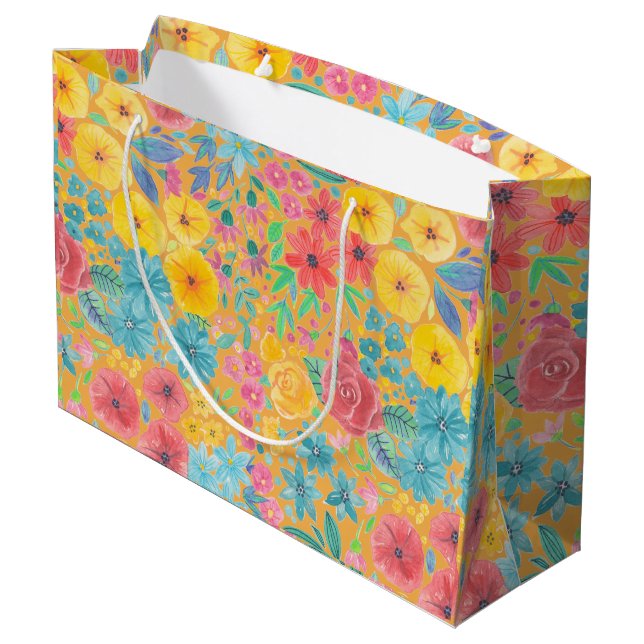 Floral watercolor pattern in yellow large gift bag (Back Angled)