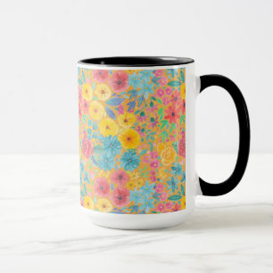 Floral watercolor pattern in yellow mug